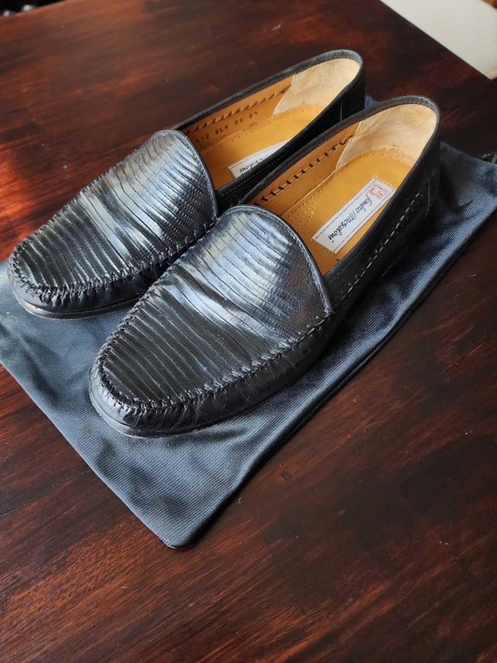 Sandro Moscoloni Black Lizard Skin Loafers Men's 8.5 Made in Spain Leather Sole